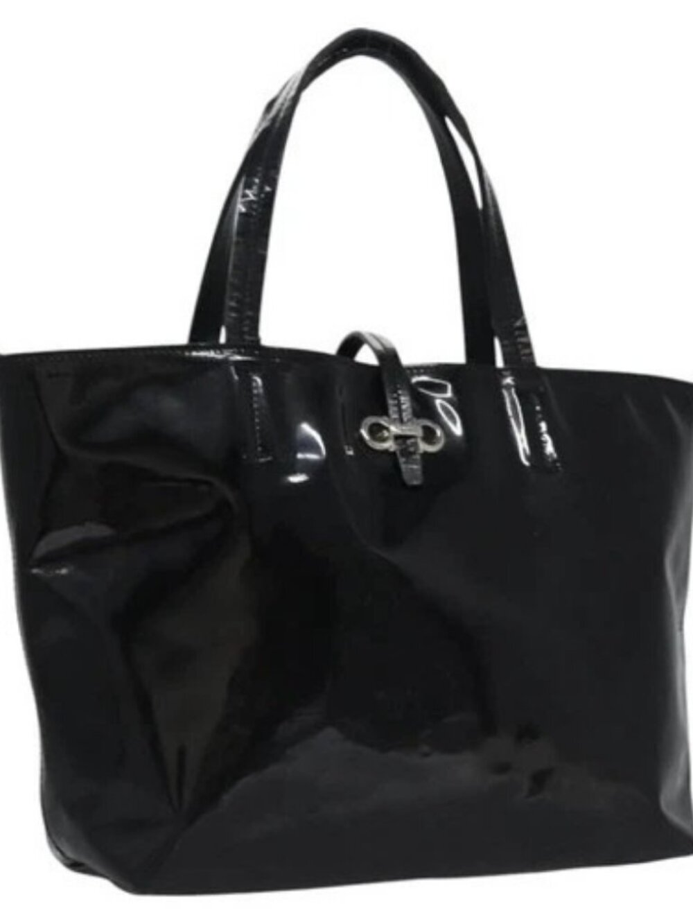 Salvatore Ferragamo Gancini Hand Bag Patent leather Black Silver Auth hk2206